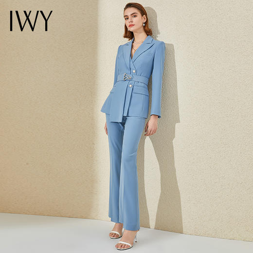 IWY/高端蓝色阔腿裤西装套装女长袖设计感时尚气质总裁职业正装工作服 商品图2
