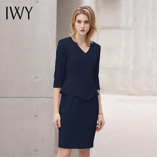IWY/2022夏季薄款通勤假两件七分袖连衣裙女士修身包臀藏青色职业套裙 商品图4