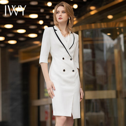 IWY/薄款七分袖白色西装连衣裙女高级感美容院工作服名媛主持职业套裙 商品图4
