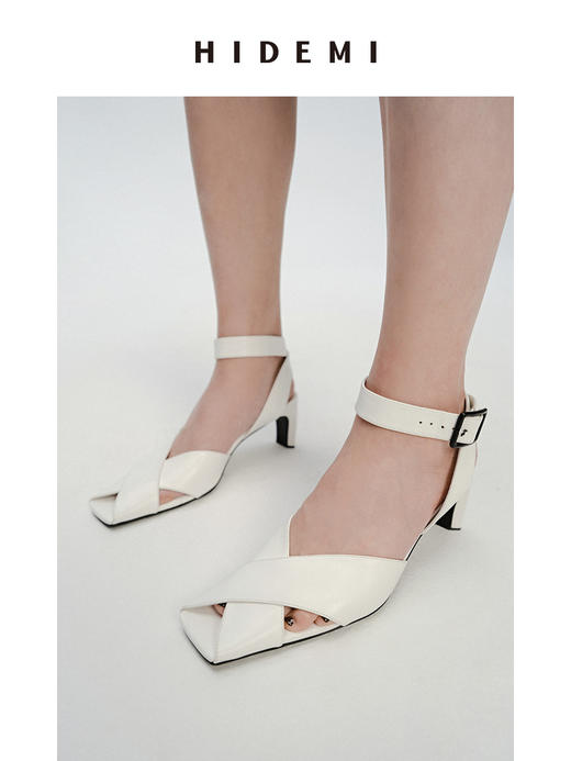 HIDEMI 交叉设计感羊皮方尖头小跟凉鞋皮鞋 白色/黑色 商品图4