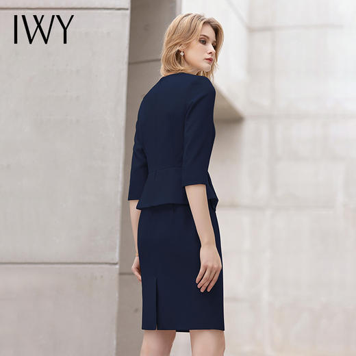IWY/2022夏季薄款通勤假两件七分袖连衣裙女士修身包臀藏青色职业套裙 商品图3