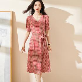 S-米思阳夏季新款知性温柔泡泡袖连衣裙系带印花中长大摆裙0793