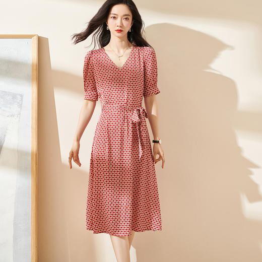 S-米思阳夏季新款知性温柔泡泡袖连衣裙系带印花中长大摆裙0793 商品图0