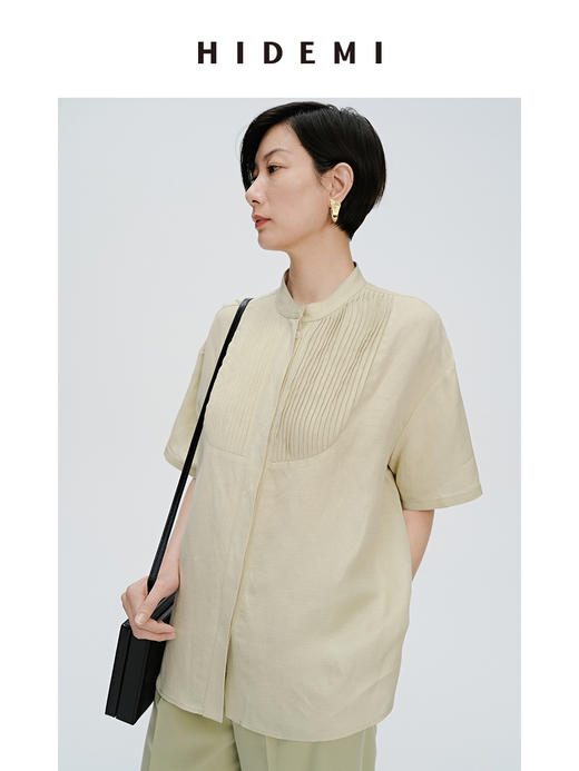 HIDEMI 抹茶绿压褶拼接式肌理感水洗亚麻衬衫 商品图0