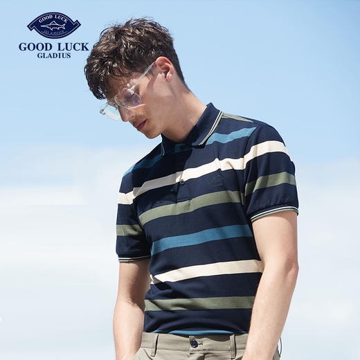 GOOD LUCK/德鲨弹力棉质舒适透气撞色简约条纹短袖POLO衫FY23133-881 商品图3