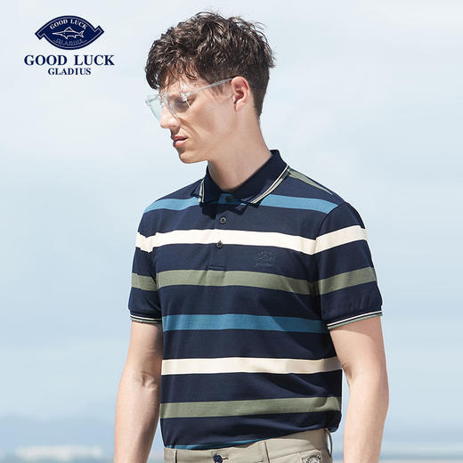 GOOD LUCK/德鲨弹力棉质舒适透气撞色简约条纹短袖POLO衫FY23133-881 商品图4
