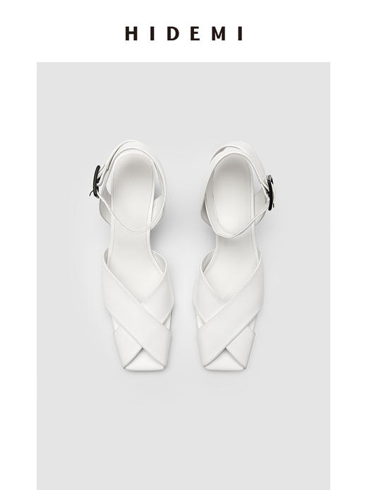 HIDEMI 交叉设计感羊皮方尖头小跟凉鞋皮鞋 白色/黑色 商品图10