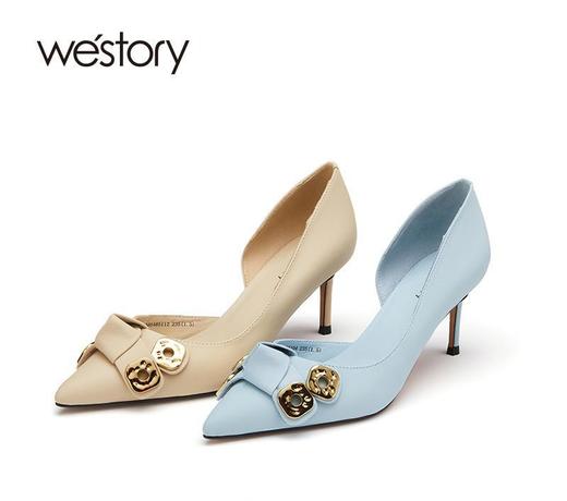 westory2022年新款法式气质尖头细高跟小金扣蝴蝶结单鞋女W22AH54851 商品图0