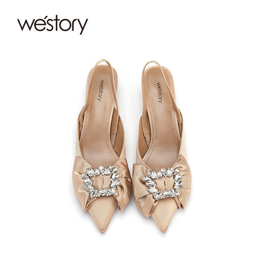 westory2022年夏蝴蝶结水钻尖头中细跟后空法式单鞋凉鞋女W22AH54731 商品图3