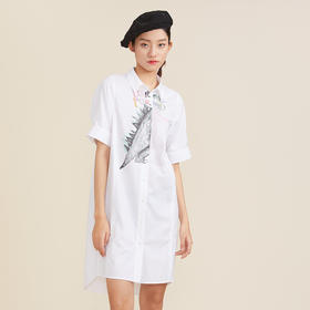 谜底2022夏季新款时尚小恐龙印花桑蚕丝棉短衬衫连衣裙222ML0728