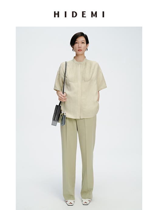 HIDEMI 抹茶绿压褶拼接式肌理感水洗亚麻衬衫 商品图4