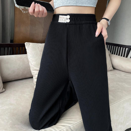 黑色冰丝运动阔腿裤女高腰垂感2022年新款夏季蓝色宽松直筒休闲裤国庆清明出游 商品图1