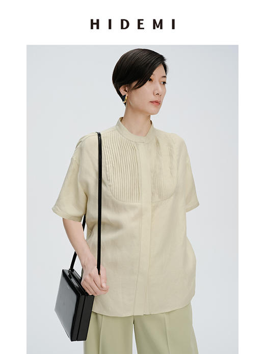HIDEMI 抹茶绿压褶拼接式肌理感水洗亚麻衬衫 商品图2