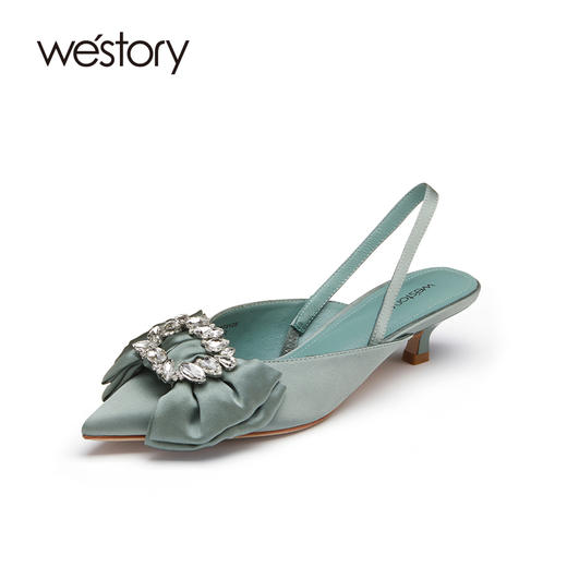 westory2022年夏蝴蝶结水钻尖头中细跟后空法式单鞋凉鞋女W22AH54731 商品图2