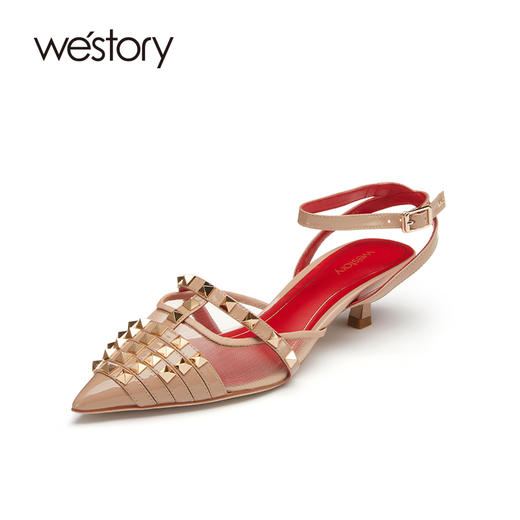 westory凉鞋款铆钉中细跟凉鞋尖头浅口百搭单鞋女W22AH54741 商品图1