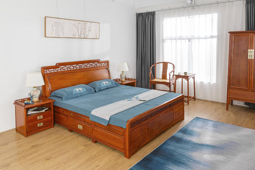 红桥红  家具严选  缅甸花梨（大果紫檀）【180曲尺弯背素面 高低床】 商品图1