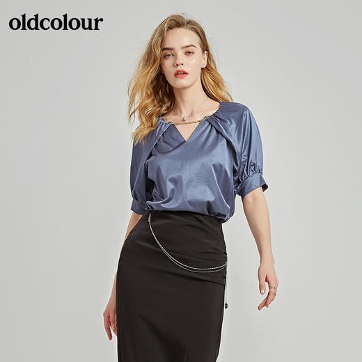 oldcolour秋季商场同款短袖V领衬衫女N21021173 商品图0
