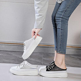 真皮半面鞋厚底松糕，包头拖鞋女网鞋 AM99