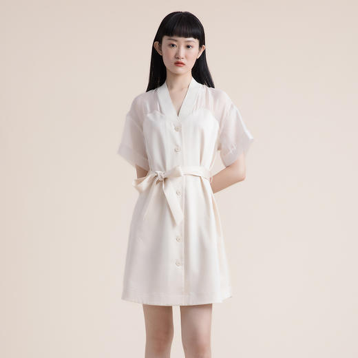 谜底2022夏新款复古质感舒适收腰显瘦天丝短袖感连衣裙222ML0551 商品图0