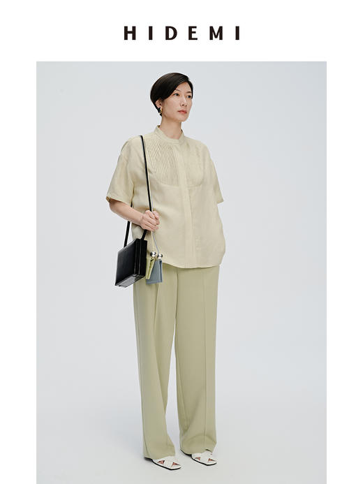 HIDEMI 抹茶绿压褶拼接式肌理感水洗亚麻衬衫 商品图5