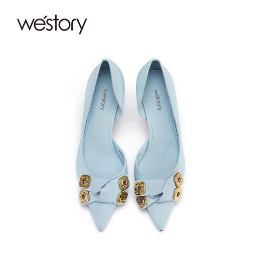 westory2022年新款法式气质尖头细高跟小金扣蝴蝶结单鞋女W22AH54851 商品图3