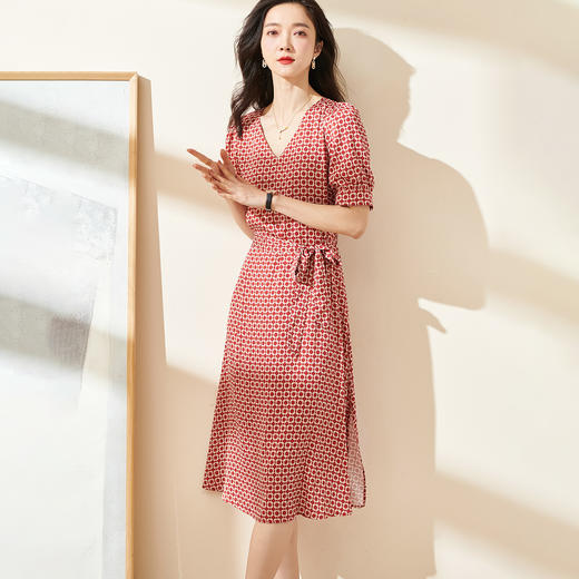 S-米思阳夏季新款知性温柔泡泡袖连衣裙系带印花中长大摆裙0793 商品图2