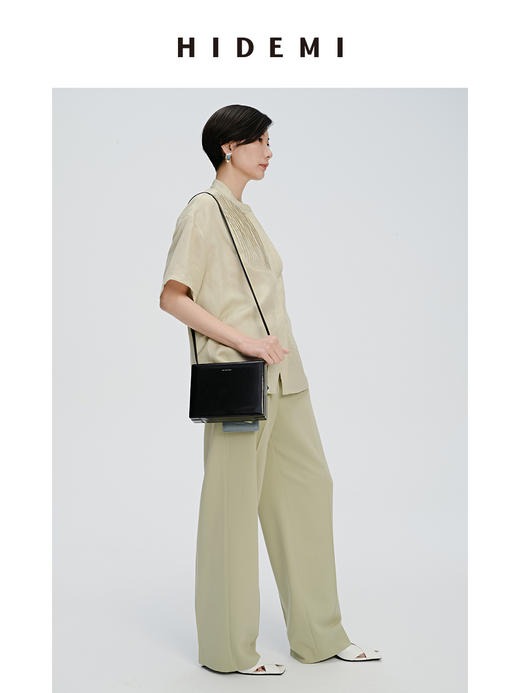 HIDEMI 抹茶绿压褶拼接式肌理感水洗亚麻衬衫 商品图6