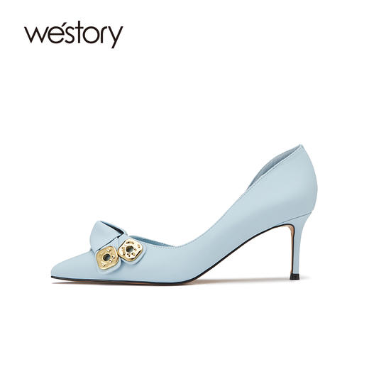 westory2022年新款法式气质尖头细高跟小金扣蝴蝶结单鞋女W22AH54851 商品图1