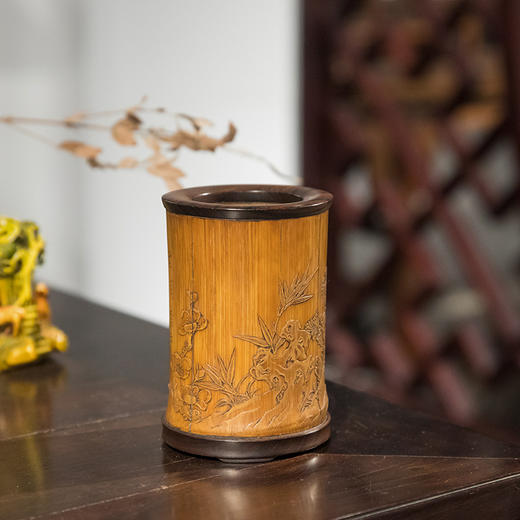 清 竹雕梅兰竹菊笔筒（红木口底） 商品图0