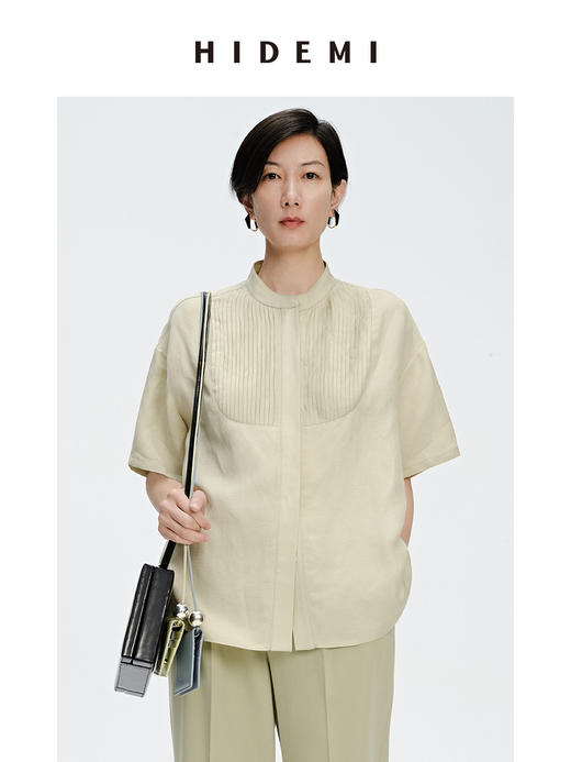 HIDEMI 抹茶绿压褶拼接式肌理感水洗亚麻衬衫 商品图3