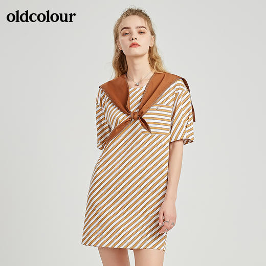 oldcolour春秋季商场同款圆领时尚带披肩设计感短袖条纹连衣裙N21101140 商品图3