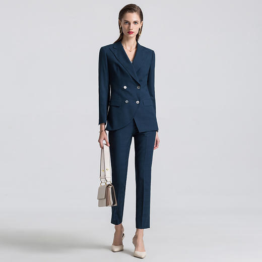【上衣+裤子】罗蒙春季双排扣修身西服套装女士正装商务通勤格子西装 商品图3