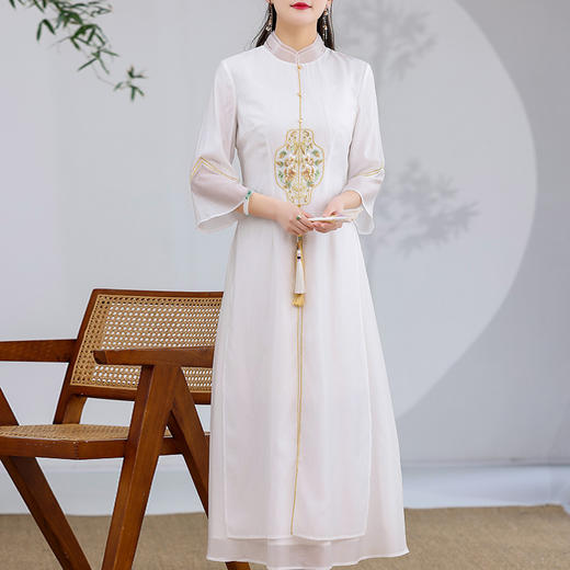 KDS-2255新款大码女装休闲文艺天丝刺绣禅意茶服中长连衣裙一件 商品图3