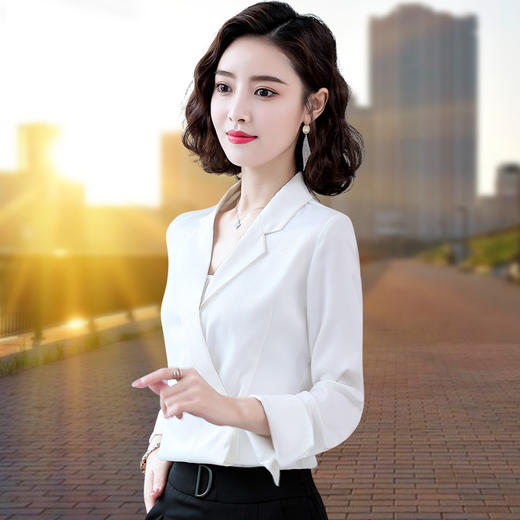 长袖衬衫洋气上衣，时尚V领西装领雪纺衫TR-9668 商品图2