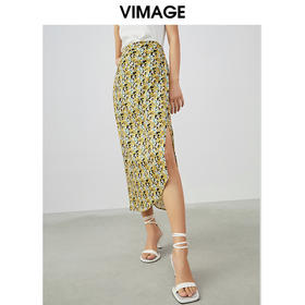 VIMAGE/纬漫纪夏季新款时尚印花包臀开叉中长款半身裙女裙V1706315