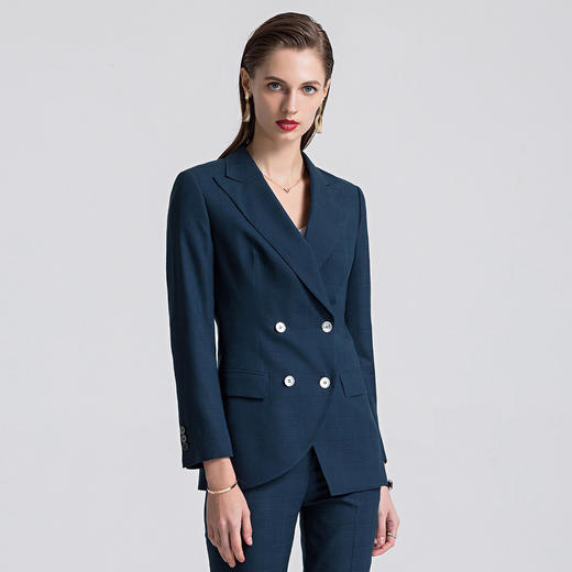 【上衣+裤子】罗蒙春季双排扣修身西服套装女士正装商务通勤格子西装 商品图6