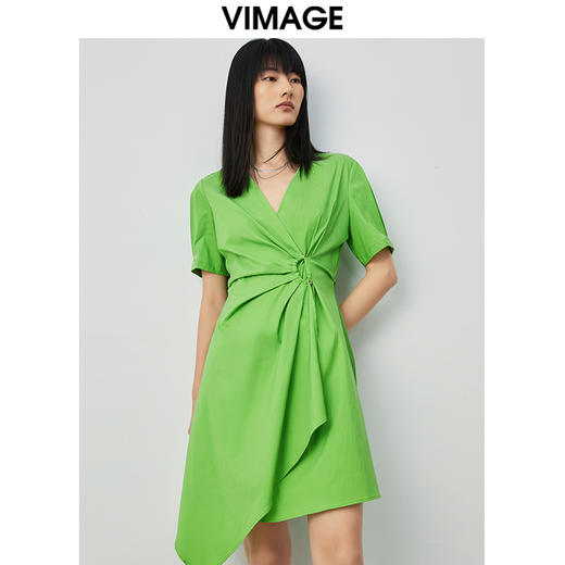 VIMAGE纬漫纪夏季新品纯色百搭洋气褶皱收腰连衣裙V1507154 商品图2