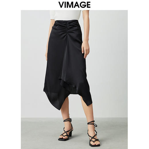 VIMAGE纬漫纪夏季新品高腰纯色显瘦设计小众褶皱半裙V1506123 商品图2