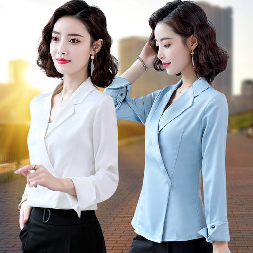 长袖衬衫洋气上衣，时尚V领西装领雪纺衫TR-9668 商品图3