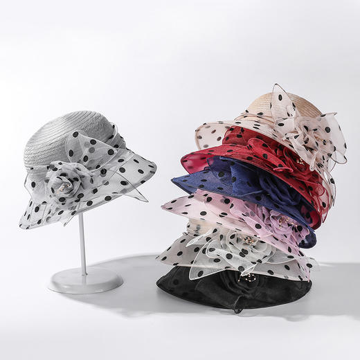 【YR】欧根纱遮阳帽子女神气质波点花朵盆帽春夏新款户外防晒透气太阳帽 商品图3