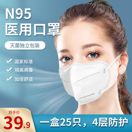 医用防护N95口罩折叠式耳挂式独立包装 25只/盒 商品图0