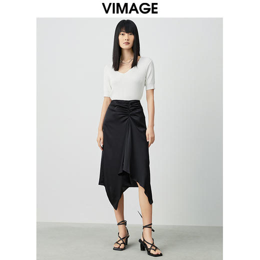 VIMAGE纬漫纪夏季新品高腰纯色显瘦设计小众褶皱半裙V1506123 商品图1