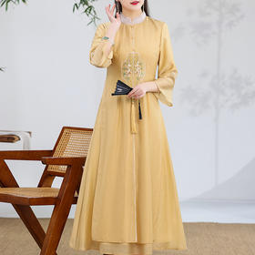 KDS-2255新款大码女装休闲文艺天丝刺绣禅意茶服中长连衣裙一件