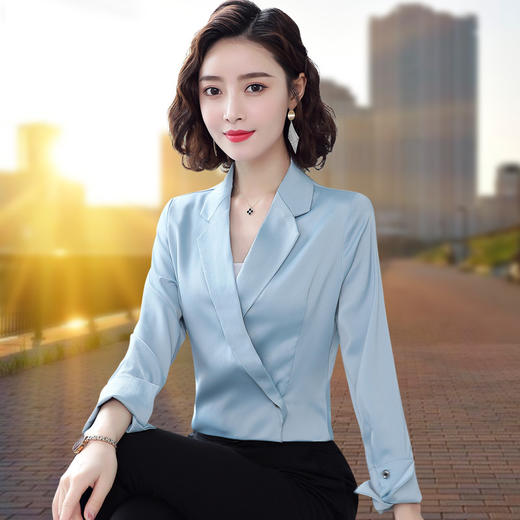 长袖衬衫洋气上衣，时尚V领西装领雪纺衫TR-9668 商品图5