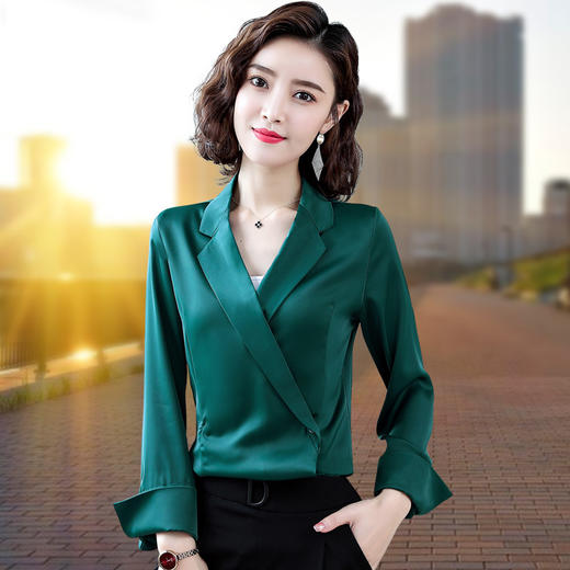 长袖衬衫洋气上衣，时尚V领西装领雪纺衫TR-9668 商品图0