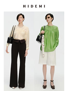 HIDEMI 轻盈风缕感简约设计感轻缎感压褶上衣 沁心绿/奶油米
