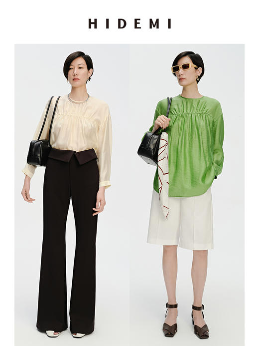 HIDEMI 轻盈风缕感简约设计感轻缎感压褶上衣 沁心绿/奶油米 商品图0