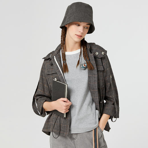Famecoco范可儿复古夏季格子外套女新款工装夹克高级范短款F223AB009 商品图1
