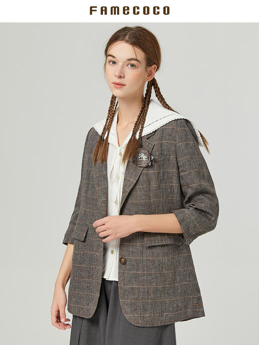 famecoco范可儿复古格子西装女新款夏季宽松亚麻防晒外套通勤F223AB010 商品图1