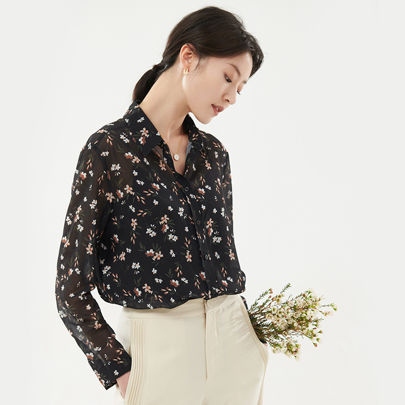 长袖印花雪纺衬衫女时尚洋气碎花上衣百搭显瘦立领衬衣22258
